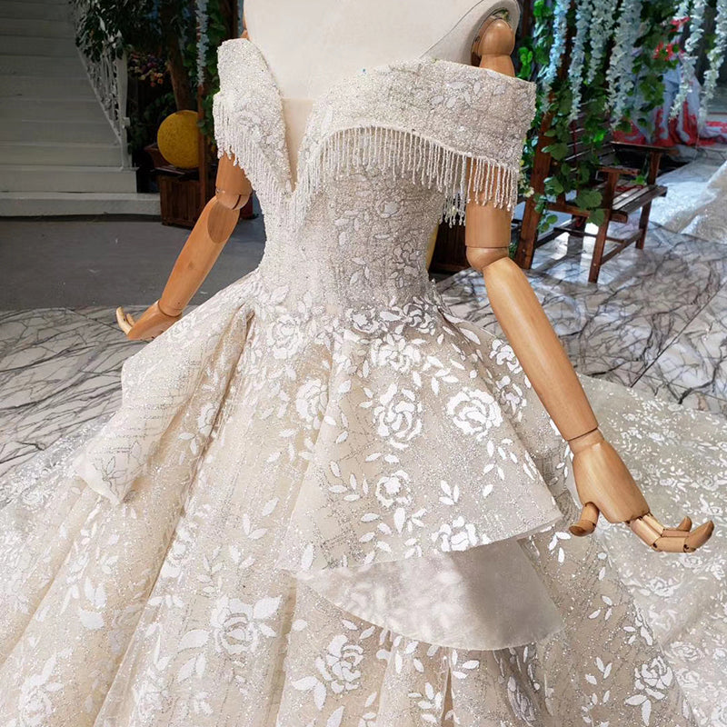 off shoulder flower  pattern tassel wedding gown dress