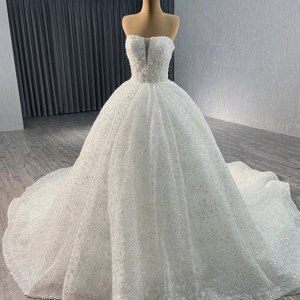 Elegant Long Ball Gown Sweetheart Sleeveless Sequined Tulle Lace Wedding Dresses - Image 6
