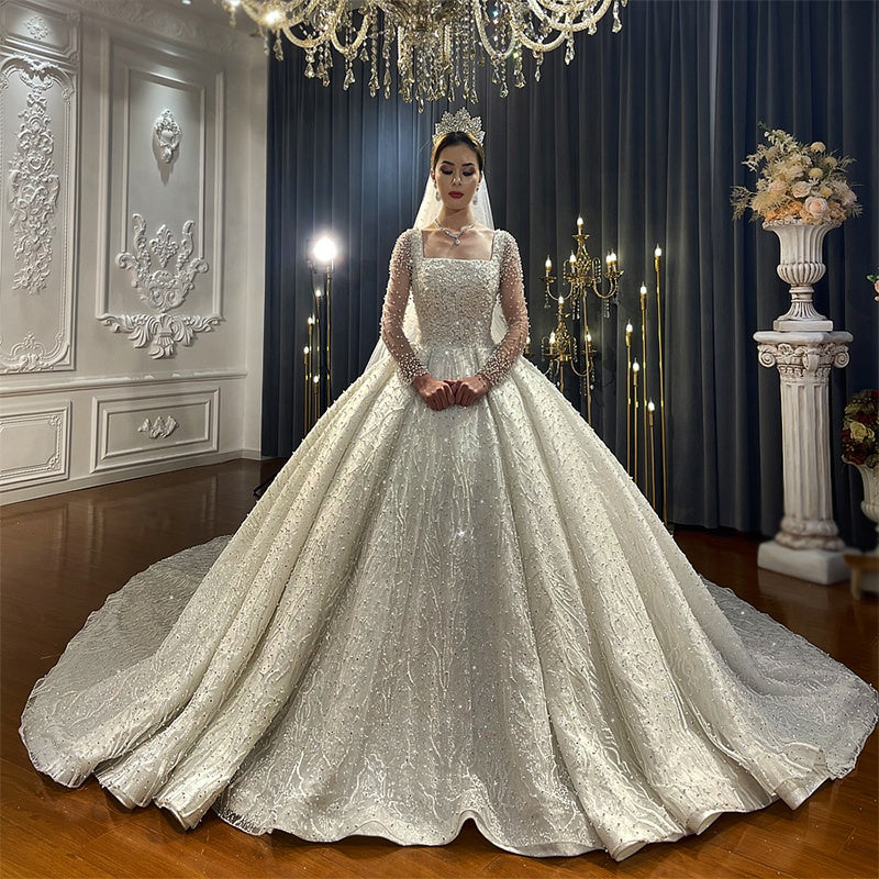 Luxury Prom Dress Fluffy Wedding Dress Sequined Tulle Lace Crystal Beaded Applique Wedding Dress
