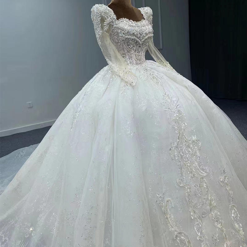 Square Neck Beaded Sequin Long Sleeve Wedding Dress