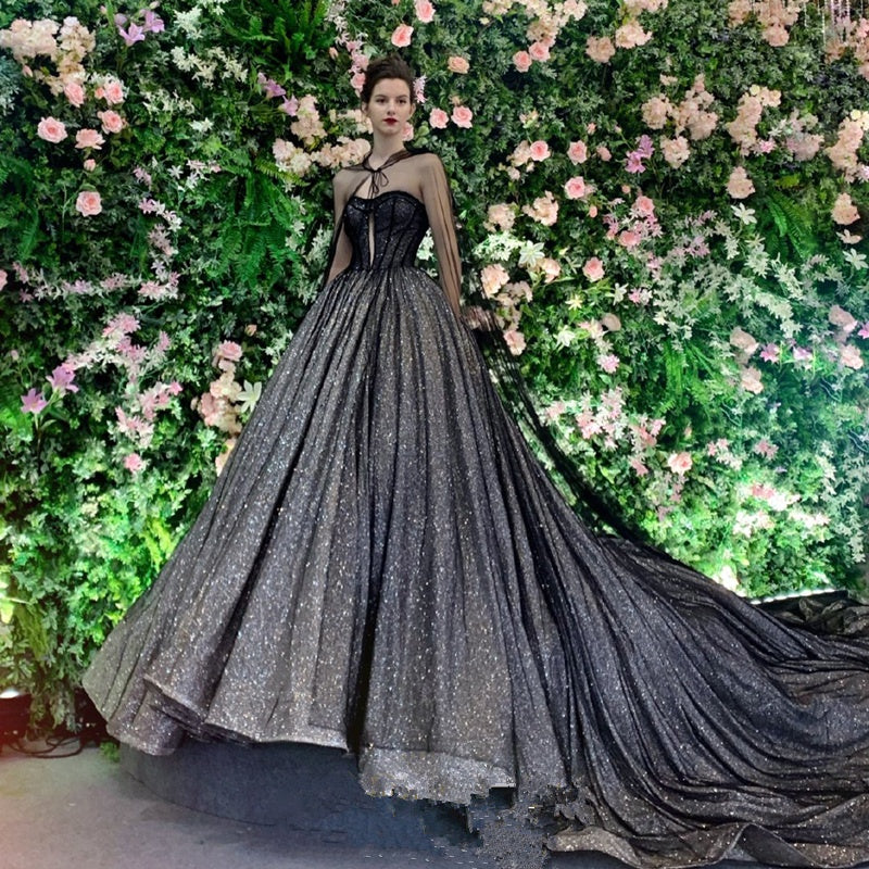 Black Deep V Wedding Bridal Luxury Starry Vintage Princess Large Trailing Dress