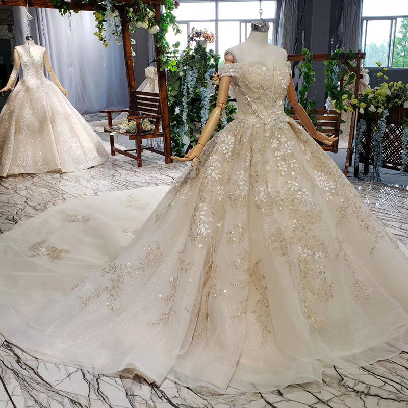 off shoulder elegant bridal dresses royal train wedding dresses