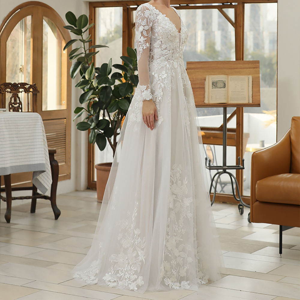Modern V-neck Long Sleeve Floral Print Long Gowns For Women's Wedding - Image 3