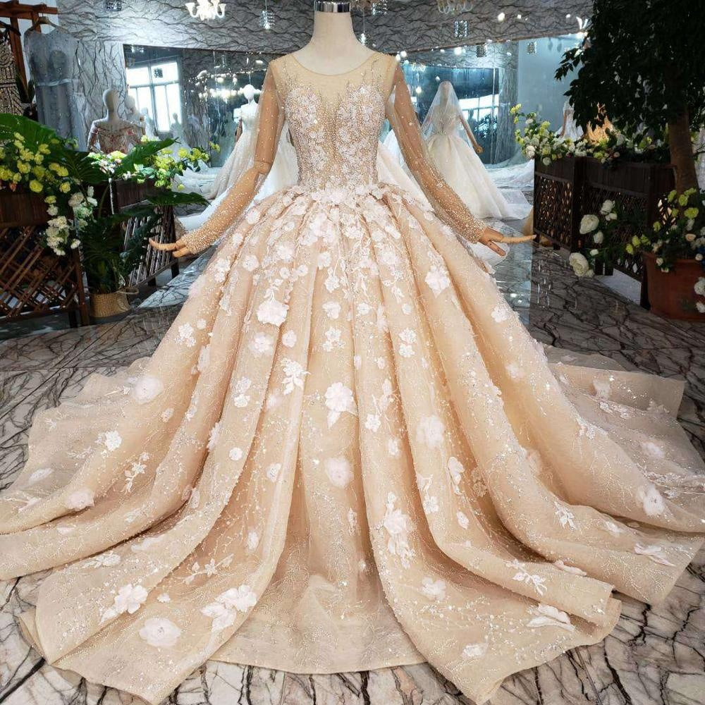 beautiful long sleeves 3d flower applique elegant lady's wedding dress