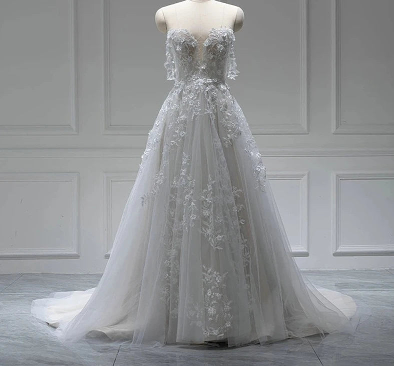 Ivory Sweetheart Off Shoulder Bridal A-line Women's Wedding Dresses With Long Tail Jancember