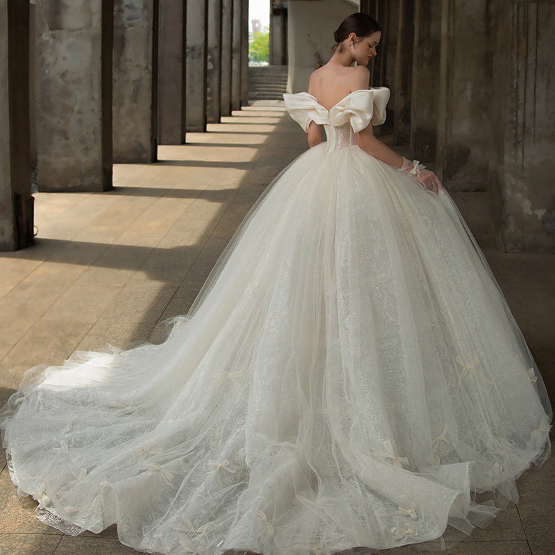 2022 New OFF-Shoulder Satin Bridal Custom Skirt Super Fairy Luxury Long Tail Wedding Dress - Image 5