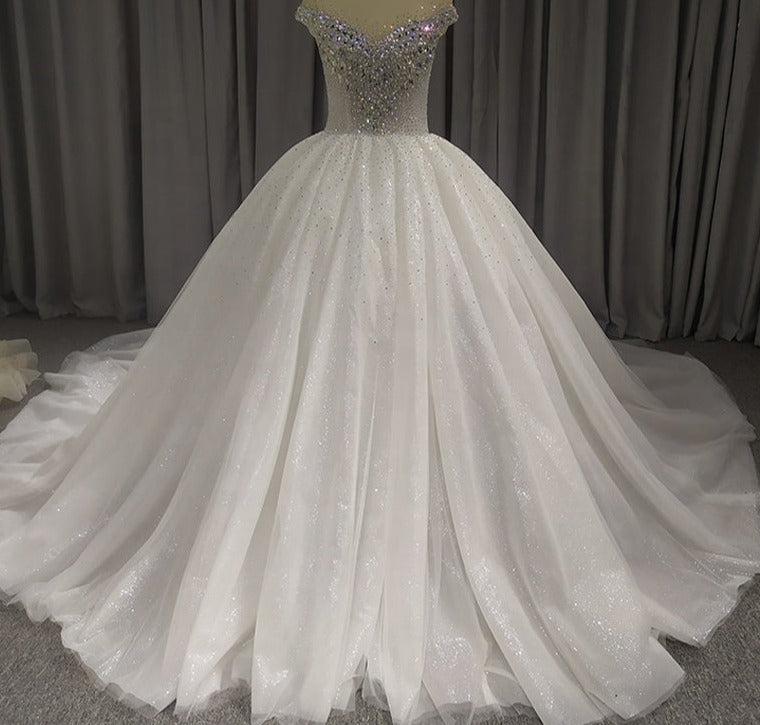 Luxury Heavy Beading Sequin Long Train Wedding Dress Bridal Gown