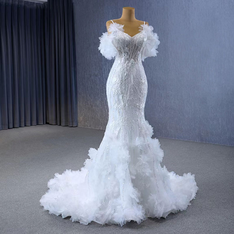 Feather Spaghetti Strap Mermaid Wedding Dresses - Image 4