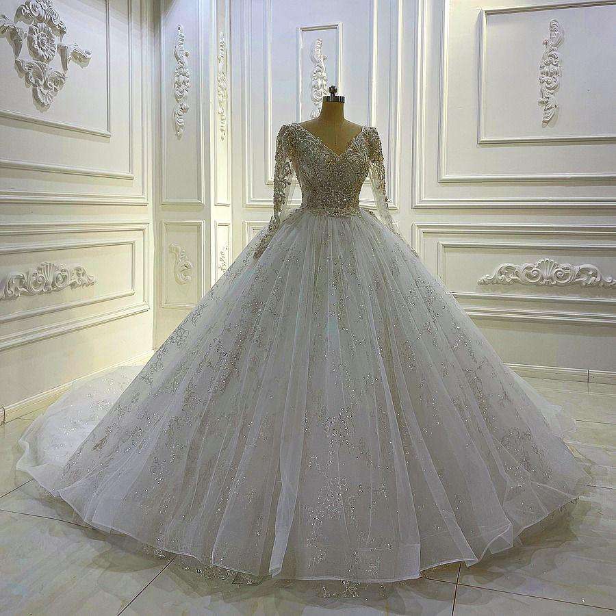 Long Sleeve V Neck Bridal Gown White Lace Sequin Elegant Wedding Dress