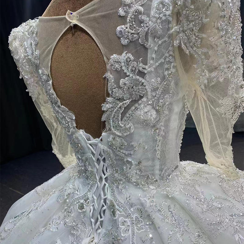 Square Neck Beaded Sequin Long Sleeve Wedding Dress - Image 4