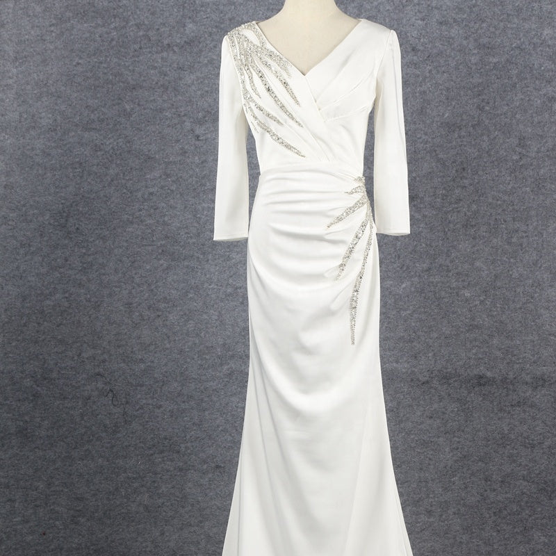 High Quality Elegant Ladies Symmetrical Pearl White Prom Evening Dress - Image 3