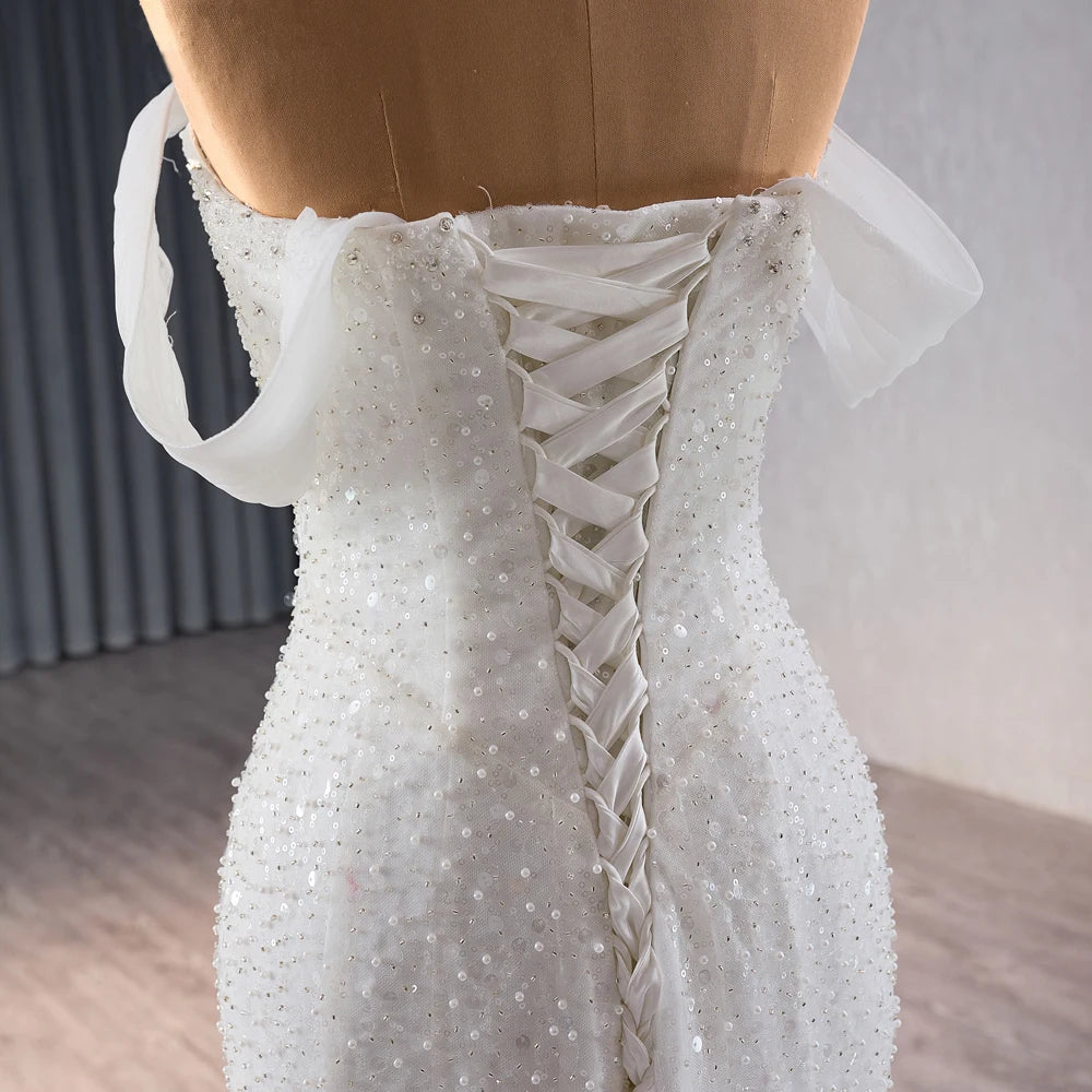 Beach Sweetheart Pearls Slim Mermaid Wedding Dress With Detachable Sleeve - Image 7