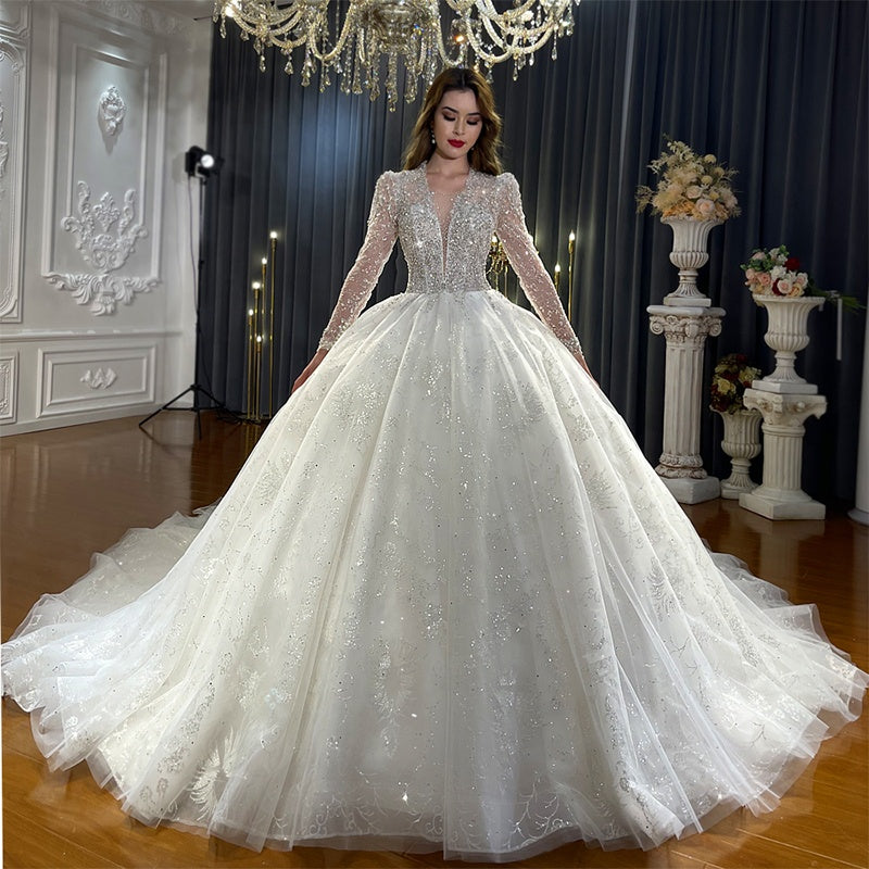 Custom Luxury White Wedding Dress Long Sleeve Lace Deep V Pearl Sequin Puffy Bridal Wedding Dress