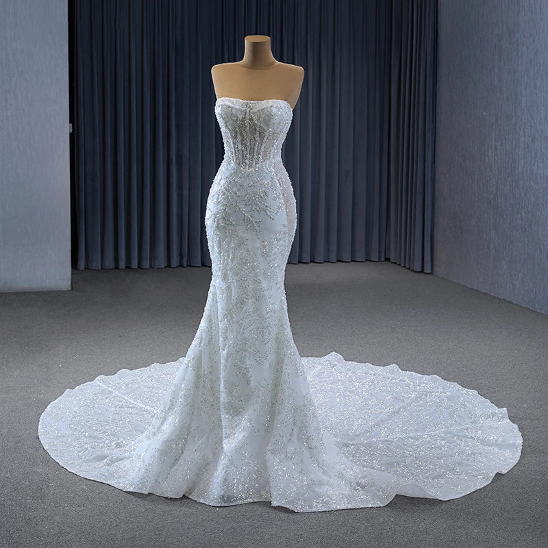 Luxury Wedding Dresses Sweetheart Detachable Long Sleeve Pearls Sequined Mermaid - Image 3