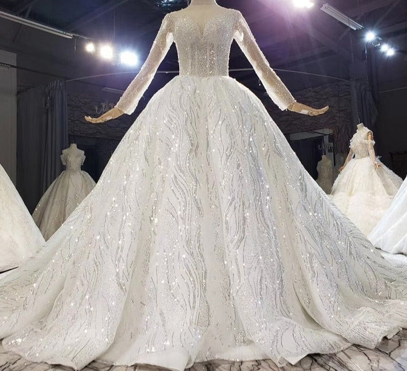 Long Sleeve Beading Hand Made Heavy Sequin Wedding Dress