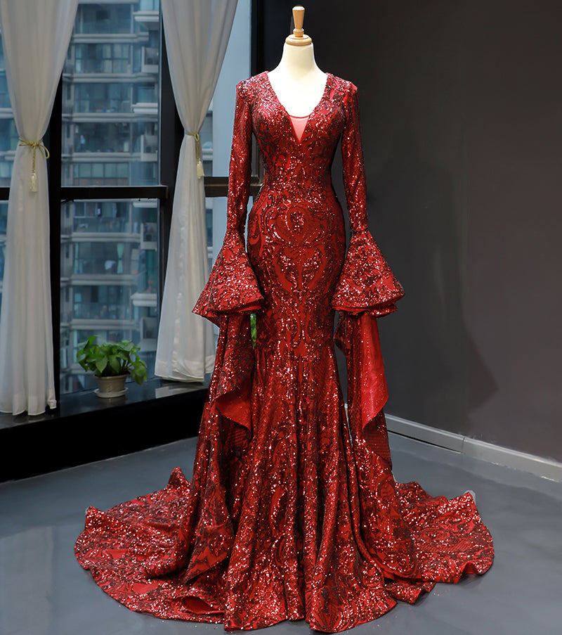V-neck long puffy sleeves sexy red new arrival spring special mermaid evening dresses