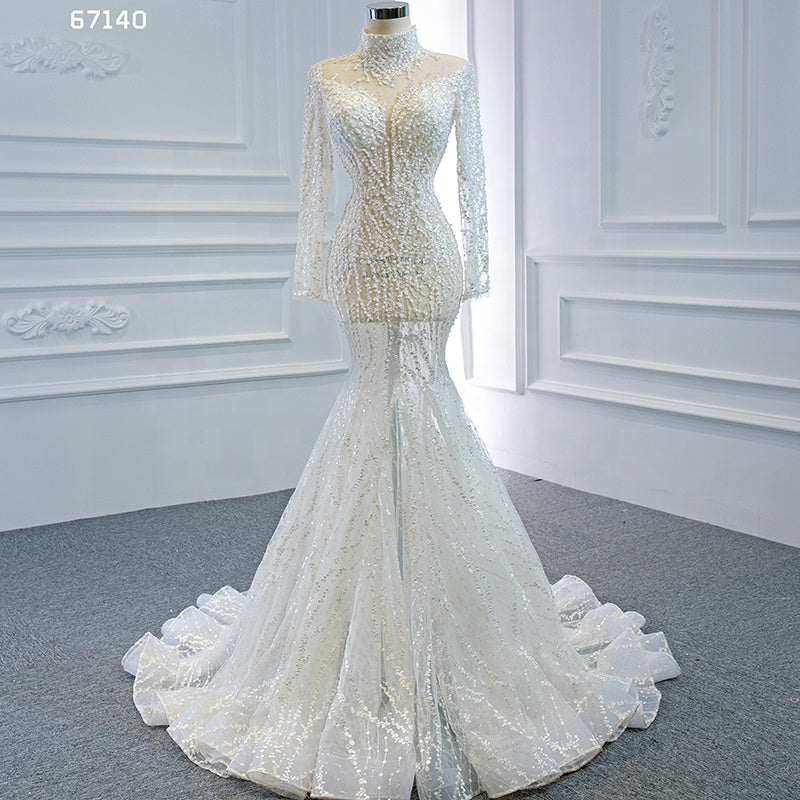 Pearls Elegant Long Sleeve Wedding Dress Mermaid