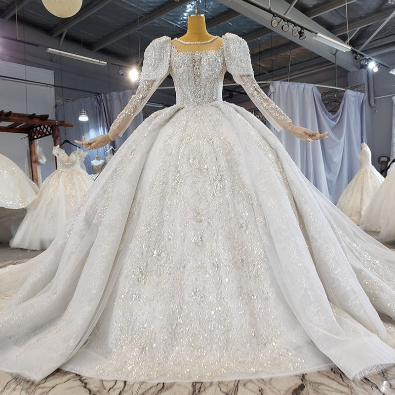 Luxury Heavy Beading Sequin Long Sleeve Wedding Dress For Women