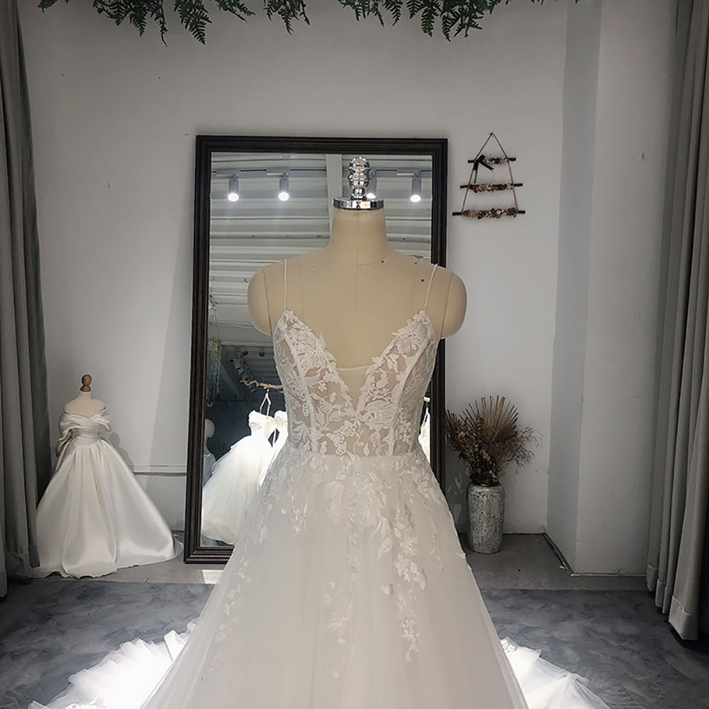 Modern White Spaghetti Strap Chapel Train V-neck Appliques Wedding Dress - Image 6