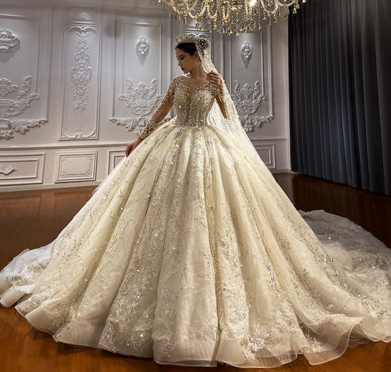 Luxury Lace Long Sleeve Bridal Ball Gown Wedding Dress
