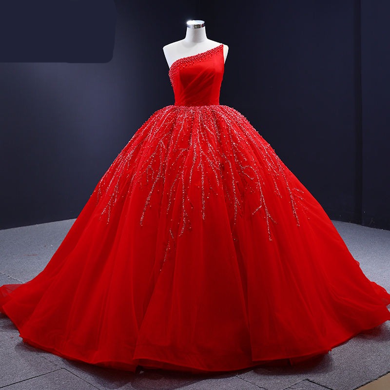 Sequins One Shoulder Lace Ball Gown Evening Party Dresses - Image 7