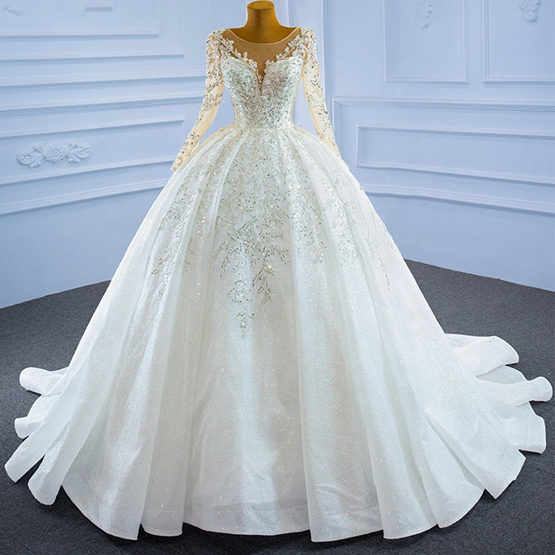 Luxury High-Quality Sequined Glittering Long-Sleeved Lace Wedding Dress