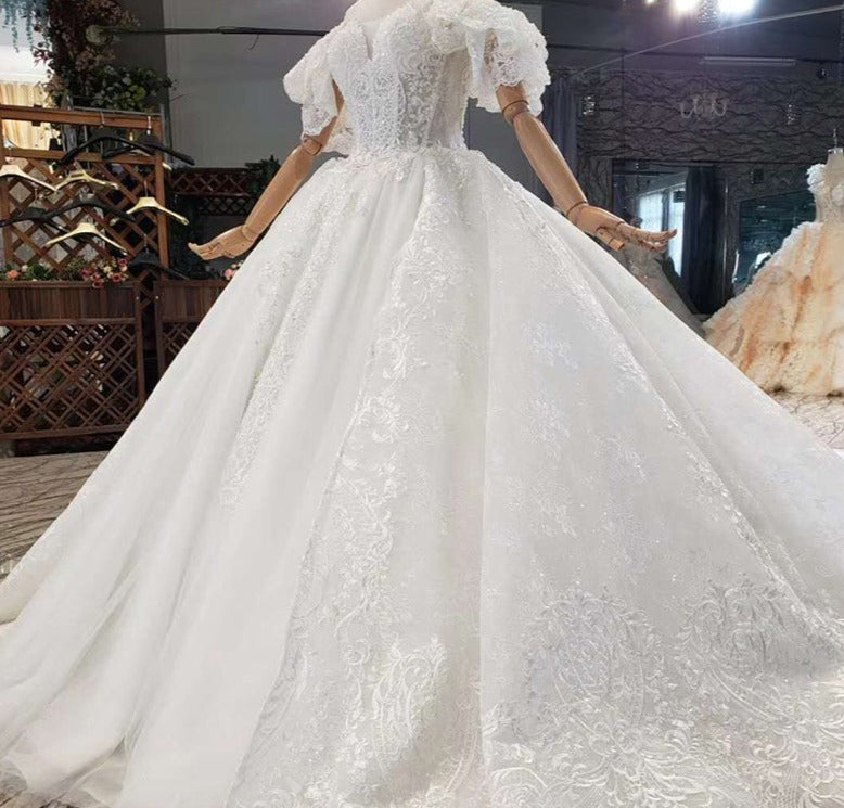 Nigerian Lace Applique Beading Crystal Bridal Princess Wedding Dress
