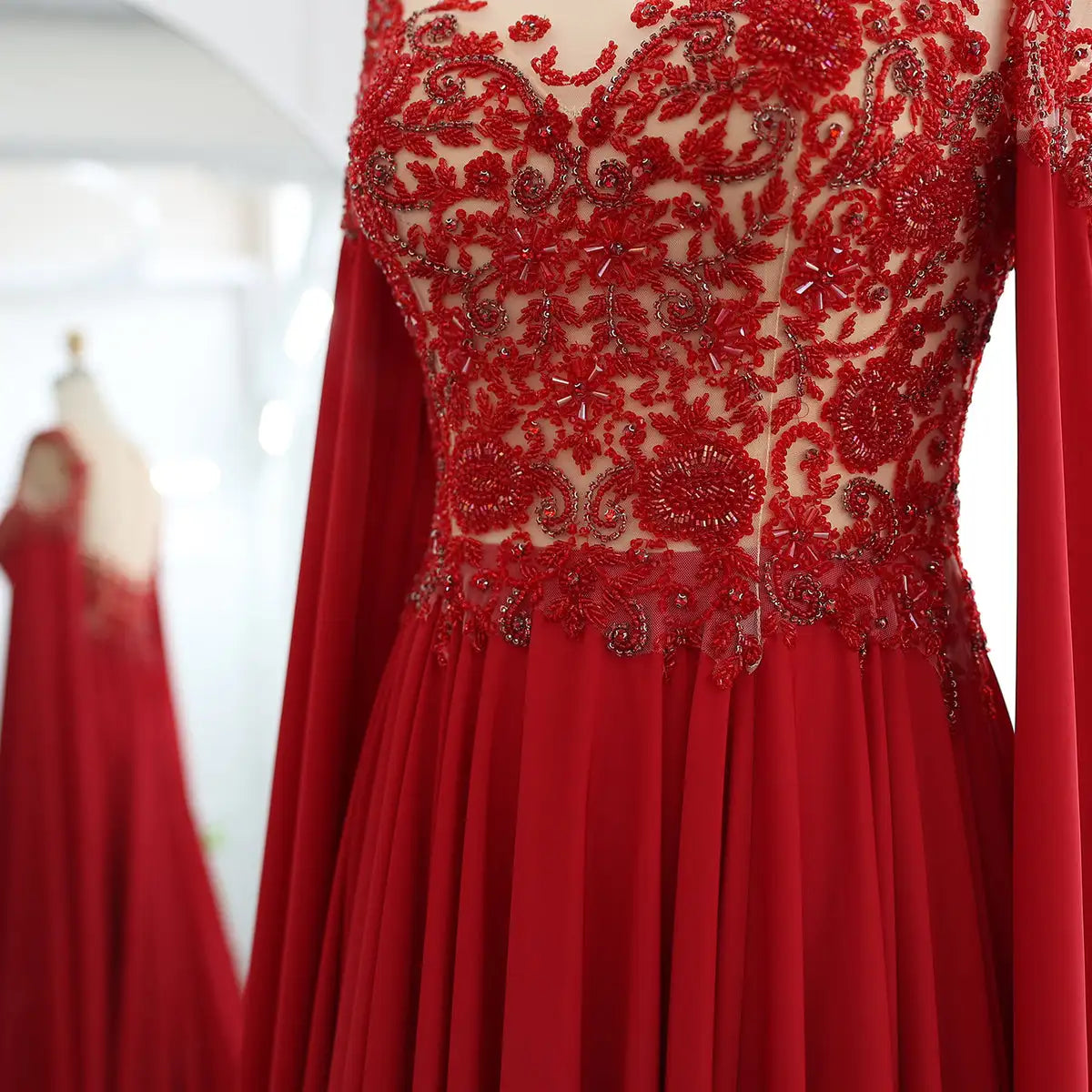 Luxury Beaded Wine Red Chiffon Evening Dress with Cape Sleeve Women for Wedding Dubai Formal Party Gowns - Image 6