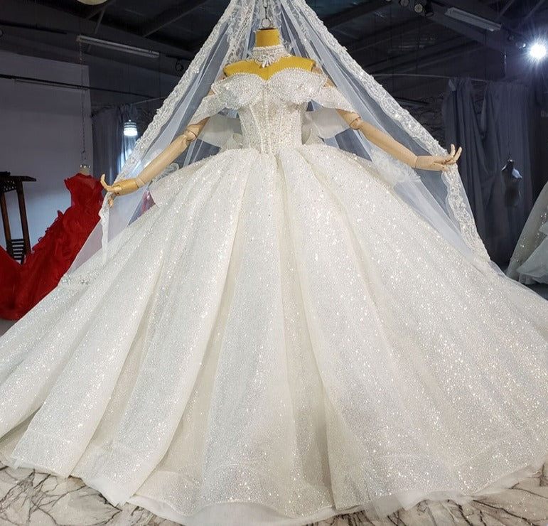 Ladies Luxury Pearl Lace Sequined Veil Bridal Wedding Dress