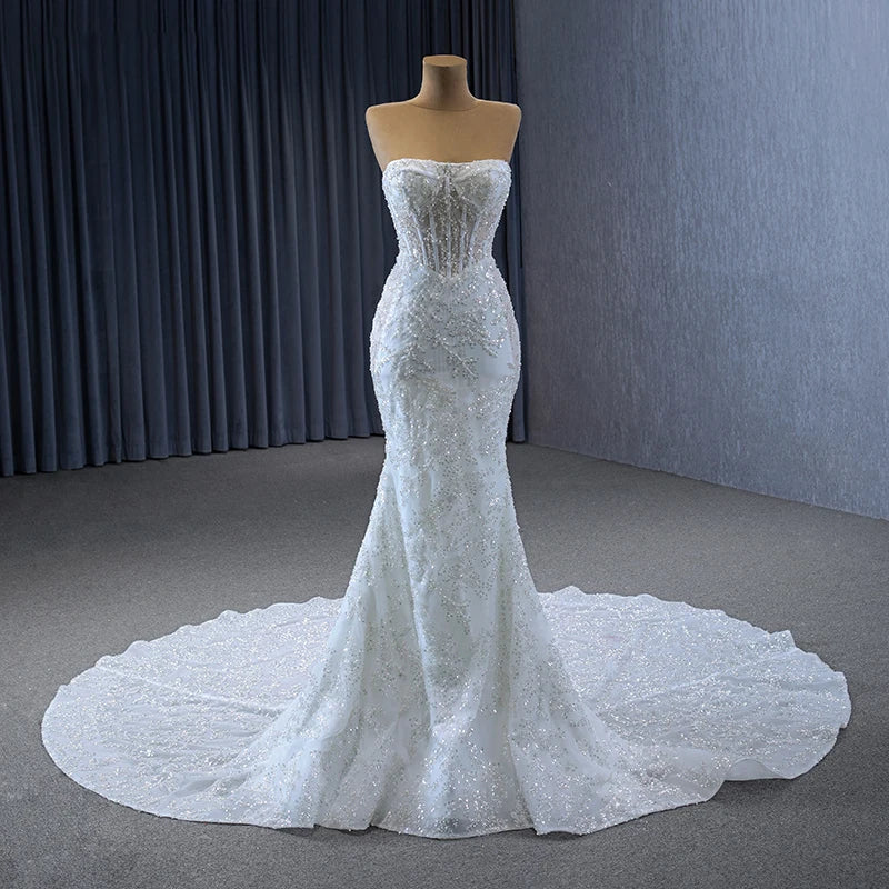 Luxury Wedding Dresses Sweetheart Detachable Long Sleeve Pearls Sequined Mermaid - Image 7
