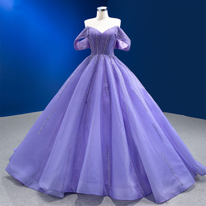Ladies Banquet Purple Color Short Sleeve Dress With Sequin