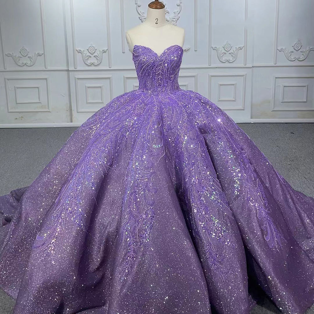 Light Customization Service Chic Purple Strapless Beaded Ball Gown Party Evening Dresses