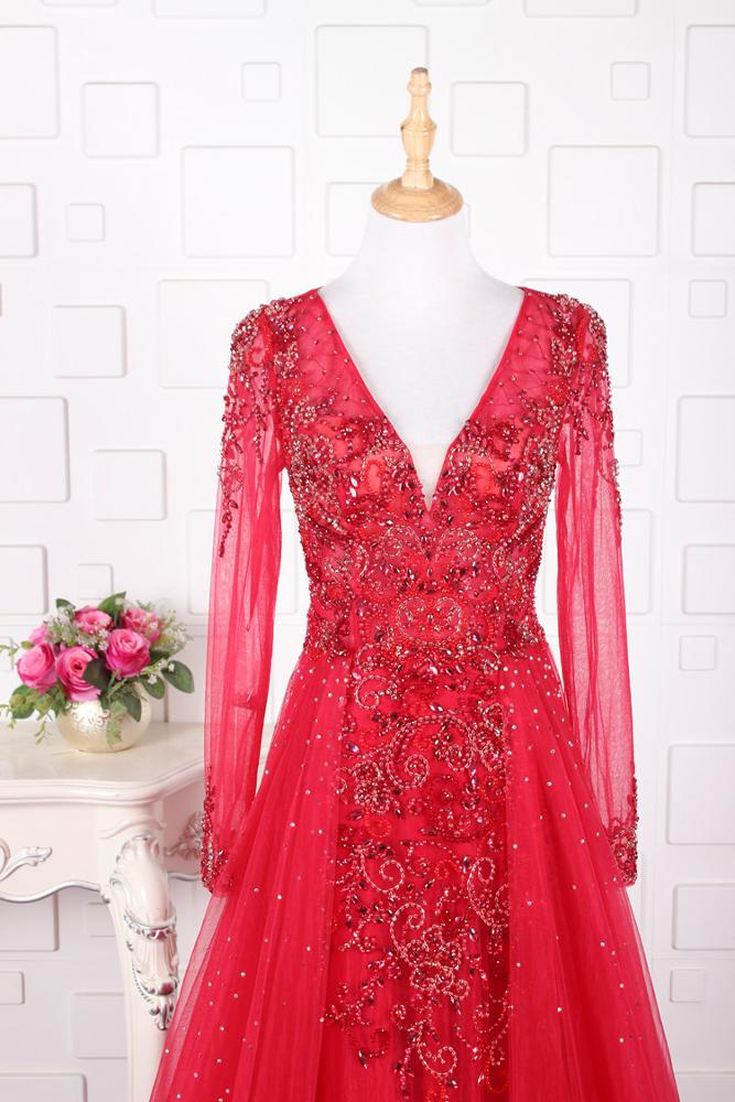 Full Sleeve V-Neck Brush Train Party Dress Illusion Beading A-Line Crystal Evening Dress - Image 5