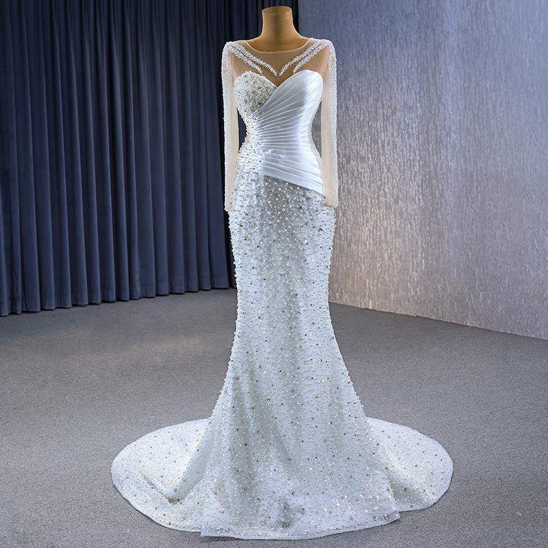 Fashion Illusion Sequins Beaded Mermaid Wedding Dresses With Veil