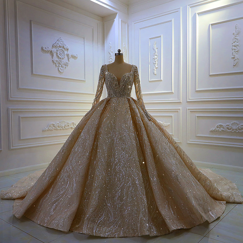 Luxury Wedding Dress Bridal Dress Simple Metal Sequin Long Sleeve Beaded - Image 6