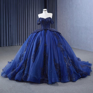 Dark Blue Off Shoulder Tulle Lace Long Prom Gown Blue Sweet Dress With Beading Sequin Evening Dress