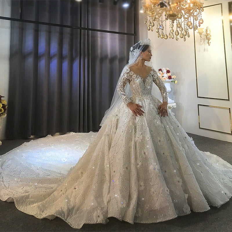 Elegant Luxury Deep V Neck Pearl 3D Flower Lace Sequins Bridal Backless Wedding Dress