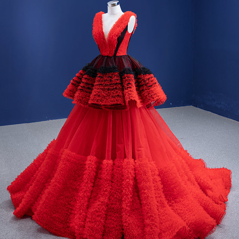 Red Luxury Lace V-Neck Tiered Lotus Leaf Ladies Long Evening Dress