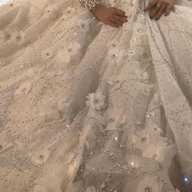 Elegant Luxury Deep V Neck Pearl 3D Flower Lace Sequins Bridal Backless Wedding Dress - Image 7