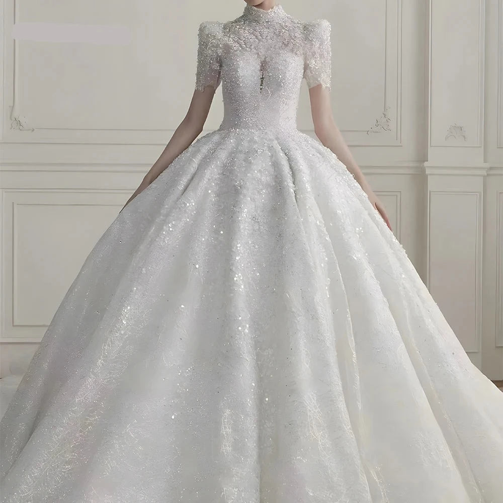 Pearls Wedding Dresses Beadings Puff Sleeve Tulle  Lace Long Train Ball Bridal Gowns