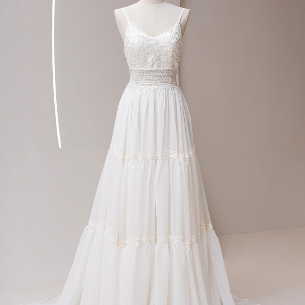 Tiptop Spaghetti Strap Sashes V-neck Wedding Dresses For Women 2023 Bride