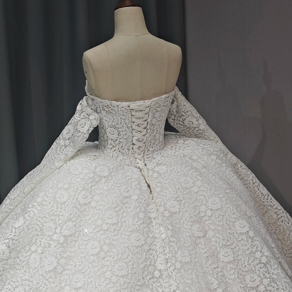 Luxury Lace White Dress Embroidery Wedding Dress Bridal Gown Detachable Sleeves Wedding Dress - Image 2