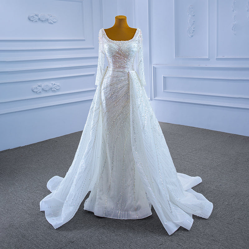 Wedding Princess Luxury Pearl Sequins Slim Tail Wedding Dress