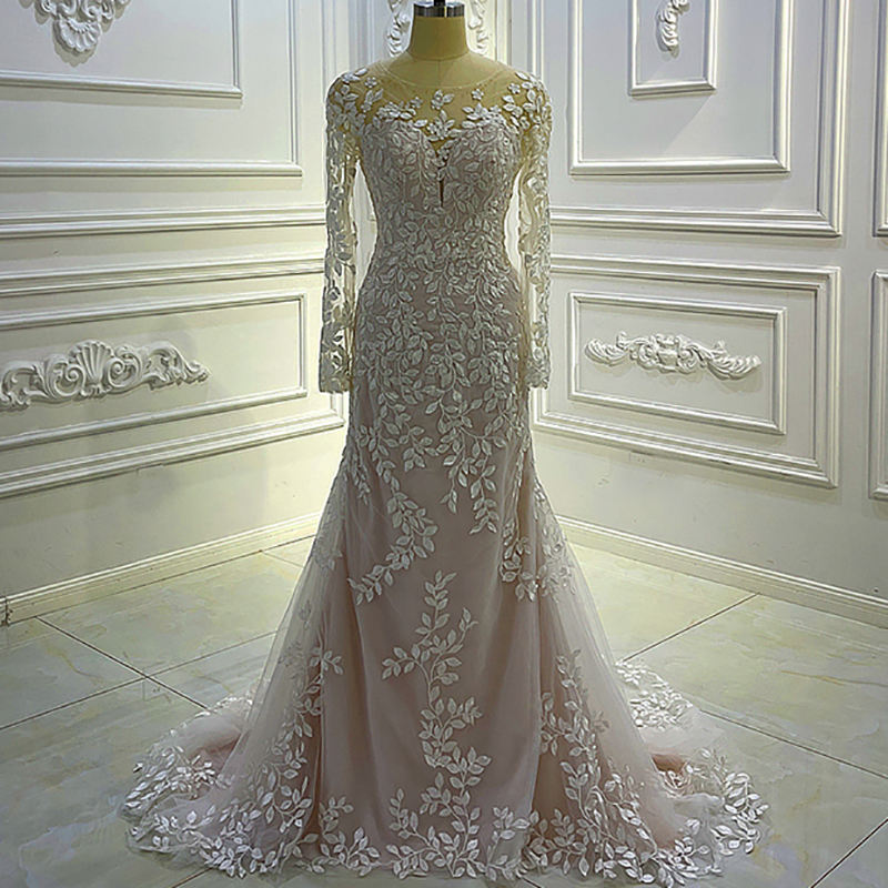 Elegant Button Embroidery Long Sleeve Modest Mermaid Wedding Dresses For Women