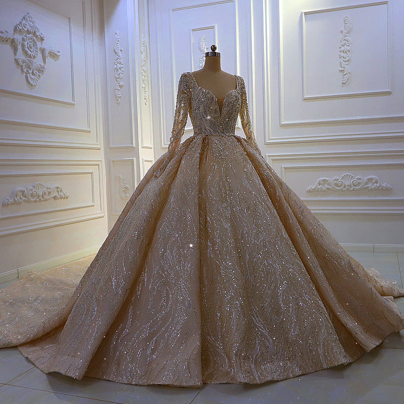 Luxury Wedding Dress Bridal Dress Simple Metal Sequin Long Sleeve Beaded