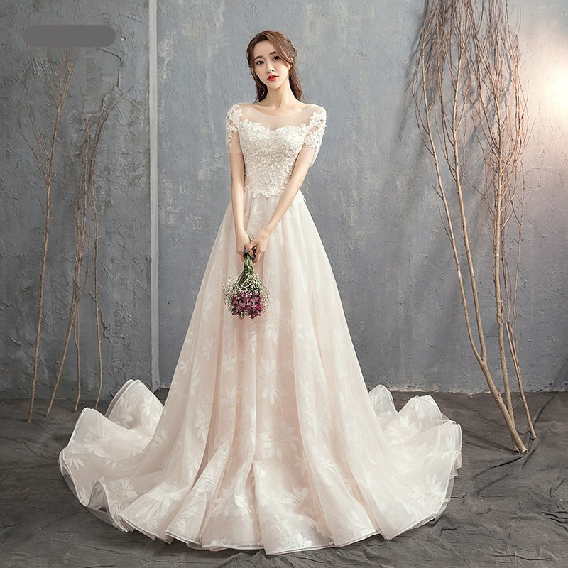 A Line Crystal Bead Lace Applique Wedding Dress For Women