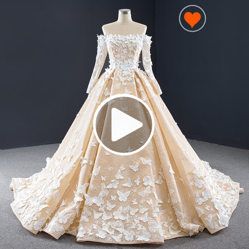 Wedding Dress Champagne Elegant 3d Flower Applique Off Shoulder Long Sleeves Wedding Gown - Image 3