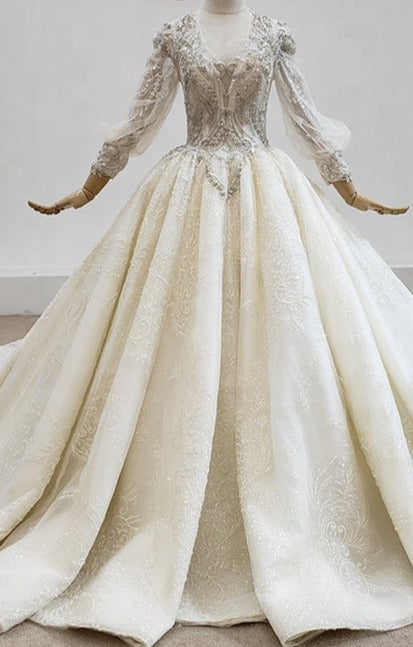 Heavy Beading Lace Long Sleeve Applique Wedding Gown Dress - Image 2