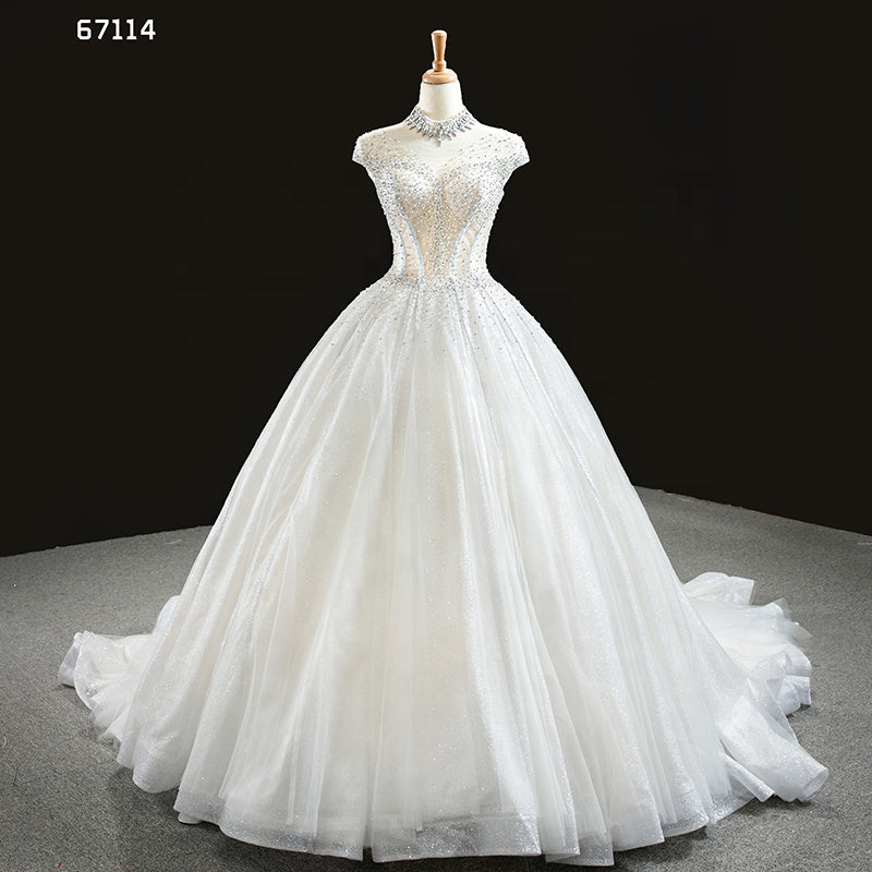 High Neck Beach Heavy Beaded Luxury See Though Wedding Gown - Image 2