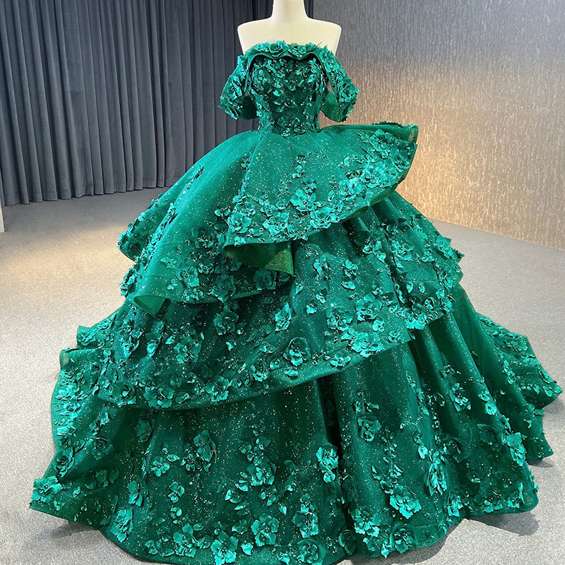 Red Flower Off Shoulder Ball Gown Party Evening Dresses - Image 3